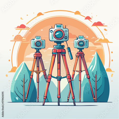 Three Cameras on Tripods at Sunset Landscape