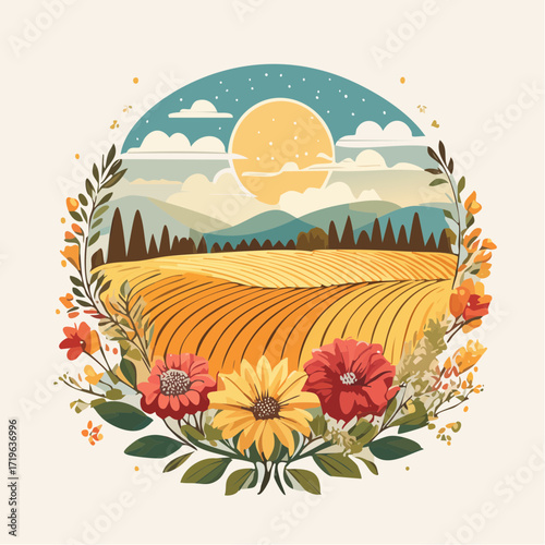 Autumnal Landscape with Sunflowers and Rolling Hills