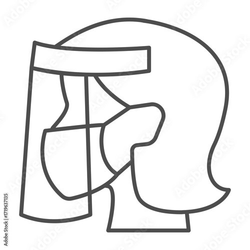 Woman head with antibacterial mask thin line icon, safety workwear concept. Vector graphics. Girl face with plastic mask sign on white background, outline style icon for mobile or web design.
