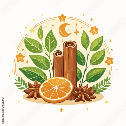 Pixel Art of Cinnamon Sticks, Orange Slice, and Star Anise with Green Leaves