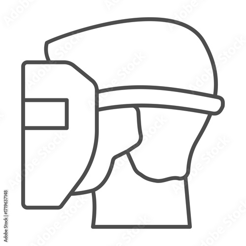 Man head with protective metal mask thin line icon, safety workwear concept. Vector graphics. Boy face with mask for welding sign on white background, outline style icon for mobile or web design.