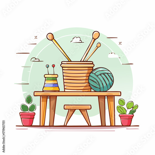Knitting Supplies on Wooden Table with Plants