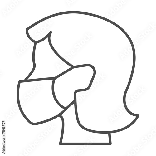 Woman head with antibacterial mask thin line icon, safety workwear concept. Vector graphics. Girl face with disposable mask sign on white background, outline style icon for mobile or web design.