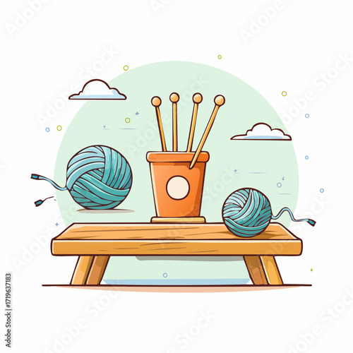 Teal Yarn Balls Knitting Needles Wooden Table Illustration
