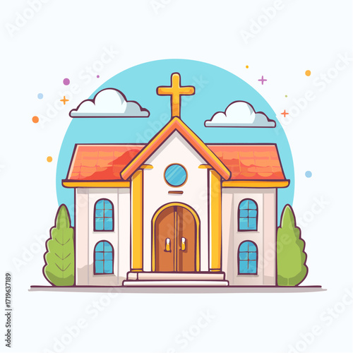 Cheerful Church Illustration with Orange Roof and Blue Sky