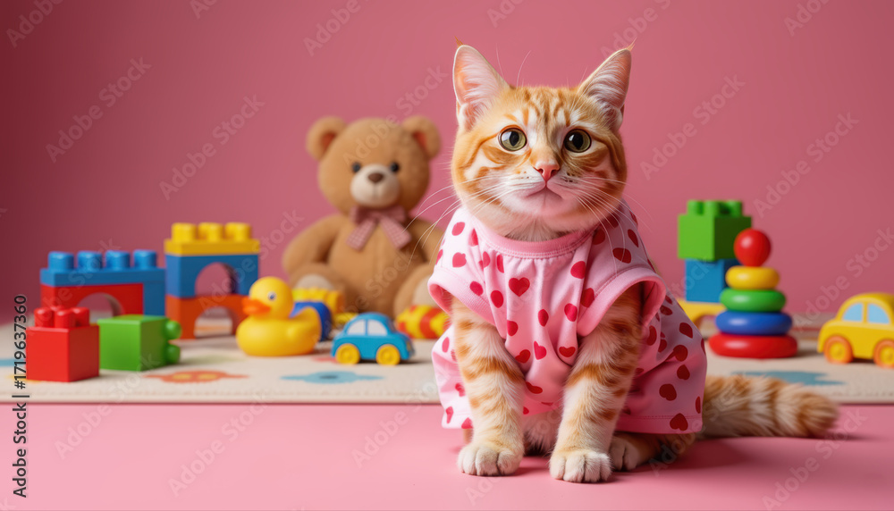 Naklejka premium Playful kitten wearing pink heart sweater sitting on pink background -