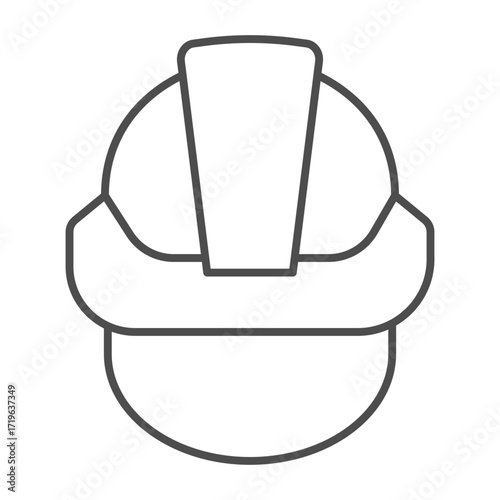 Firefighter helmet with strap thin line icon, workwear concept. Vector graphics. Plastic helmet for head protection, safety sign on white background, outline style icon for mobile or web design.