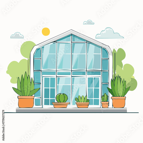 Modern Glass Greenhouse with Potted Plants