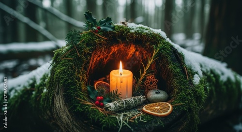 Winter forest altar with glowing candle nestled in mossy log