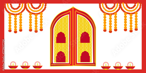 Colorful Indian festive background with traditional decorative door, hanging marigold flower garlands, and oil lamps, diyas. Perfect for Diwali, wedding invitation cards, festival greeting background.