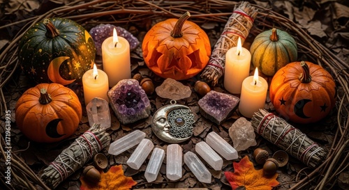 Mystical Autumn Altar Arrangement With Pumpkins Candles Crystals Sage And Autumn Leaves