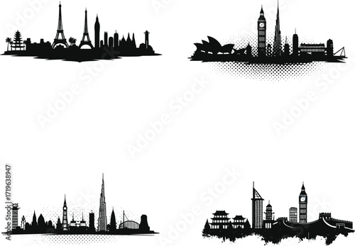 landmark, silhouette, architecture, global, travel, cityscape, icon, vector, illustration, black, white, building, skyline, monument, heritage, culture, famous, structure, international, scene