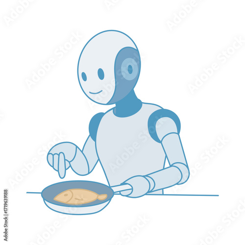 young robot holding a bowl of food. isolated on white background. vector stock