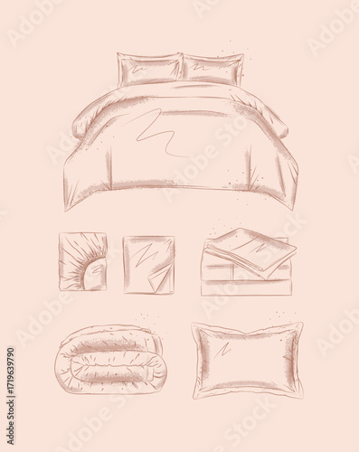 Bedding elements set with pillow, folded blanket, sheet, bed for bedroom drawn in graphic style on beige background