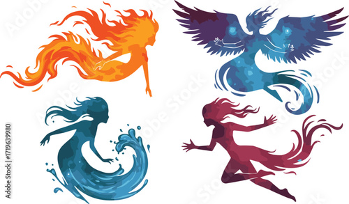 Elemental Women Fire, Water, Earth, and Air Illustration
