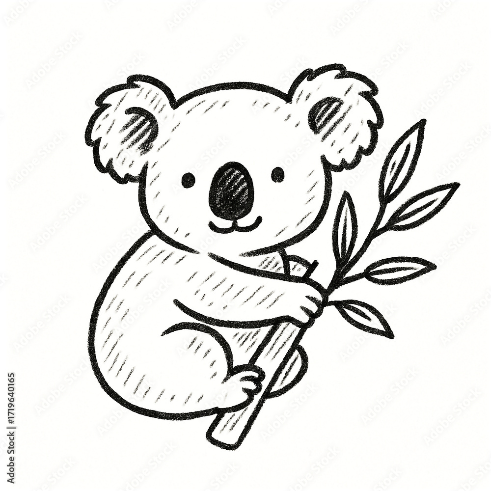Obraz premium Cute hand drawn koala holding eucalyptus leaves with a sketchy outline