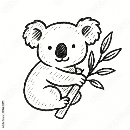 Cute hand drawn koala holding eucalyptus leaves with a sketchy outline