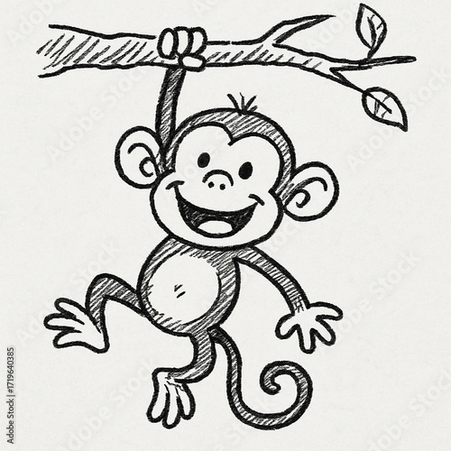 Cute cartoon monkey hanging from a tree branch with a happy expression