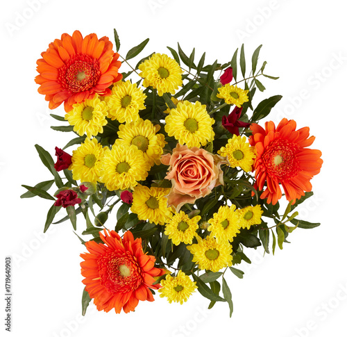 Yellow and orange chrysanthemum bouquet with branches and leaves, top view cut out isolated transparent background
