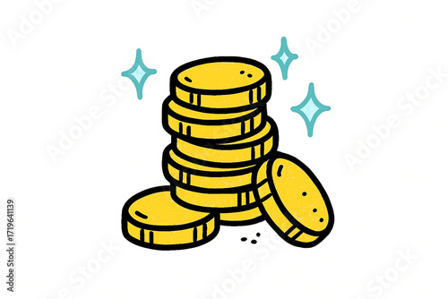 Stack of shiny gold coins with sparkling highlights and glitter