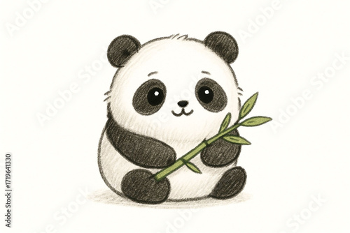 Cute cartoon panda holding bamboo with a friendly expression