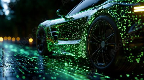 Software-defined vehicle driving along glowing digital highway with data streams and holographic overlays, palette of neon green, graphite black, and electric cyan, futuristic mobility 