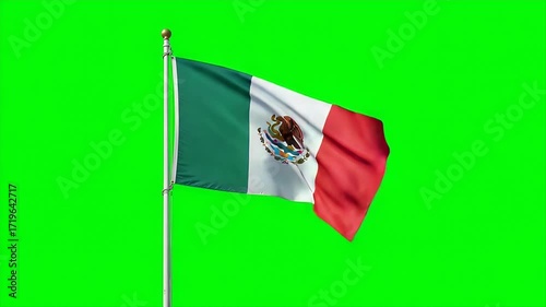 Dynamic Mexican flag waving proudly against vibrant green screen, perfect for patriotic projects and national celebrations