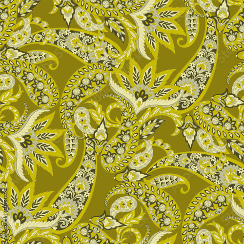 Seamless pattern with ethnic flowers. Vector Floral Illustration in asian textile style