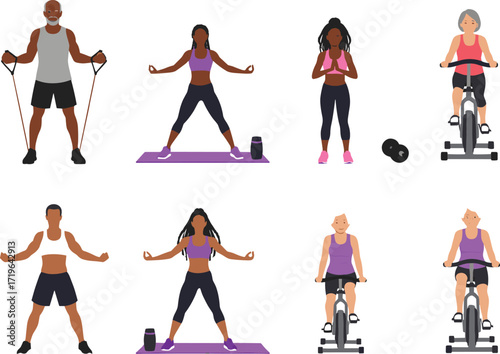 fitness, wellness, yoga, cycling, stretching, resistance band, icon, vector, illustration, black, white, exercise, health, training, gym, pose, mat, dumbbell, senior, activity