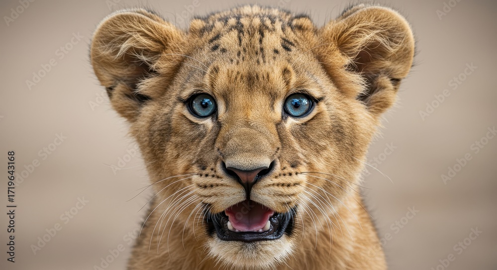 Obraz premium Close-up portrait of a young lion cub with striking blue eyes and open mouth