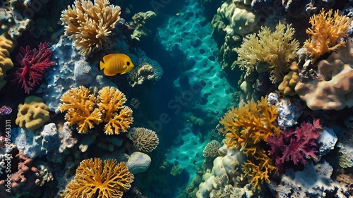 Colorful Coral Reef with Yellow Fish in Clear Ocean Water