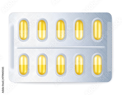 A blister pack of yellow capsules