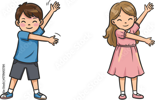 Cartoon kids stretching arms, boy and girl exercise, fitness activity illustration, healthy lifestyle vector, children workout drawing, fun activity design