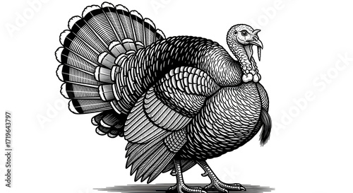 Vintage engraving of a turkey with fanned tail isolated on transparent background