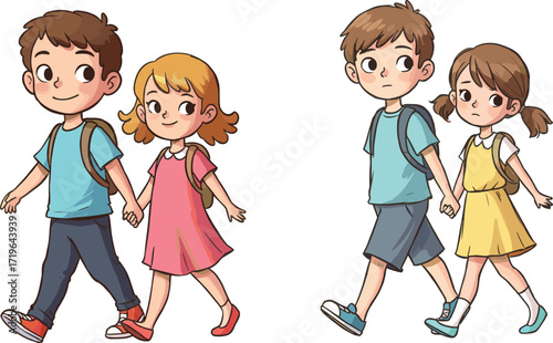 Cute cartoon children walking together, happy kids holding hands, school students friendship, boy and girl illustration, childhood friendship, education concept