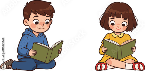 Cute cartoon children reading books, boy and girl learning together, kids study illustration, childhood education concept, students studying, classroom drawing, knowledge