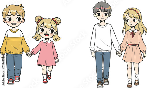 Cute cartoon children walking together, happy kids holding hands, school students illustration, boy and girl friendship, childhood drawing, education concept, vector