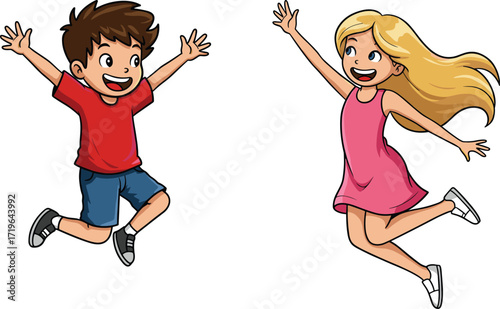 Excited cartoon children jumping, boy and girl playing happily, kids outdoor fun illustration, joyful childhood moment, smiling students, energy, happiness, friendship