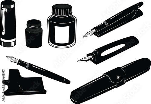 Fountain pens illustration set, ink bottle drawing, pen holder, cap, and case, stationery vector, classic office writing tools design
