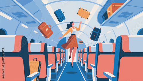 Illustration Of A Woman With A Bag Floating In The Aisle Of An Airplane Cabin Vector Design Template