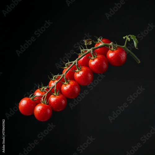 Single branch of red cherry tomatoes with dramatic side light on a dark background highlighting its texture with copy space