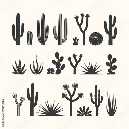 Vector art of collection of various desert cactus and succulent plant silhouettes, isolated on a light background, representing arid flora and xeriscape design elements