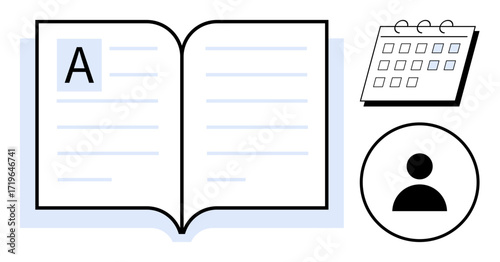 Open book with text, calendar for scheduling, and circular profile icon symbolizing education, organization, goal setting, and productivity. Ideal for planning, learning, career self-growth
