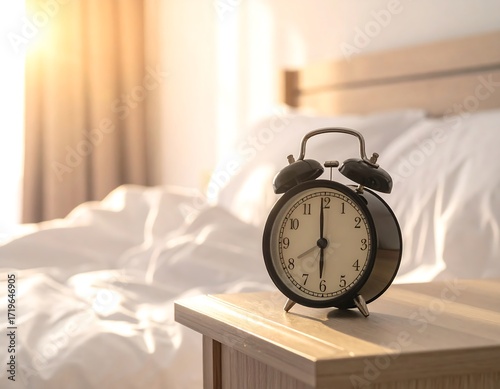 Simple alarm clock on bedside table in a bright bedroom