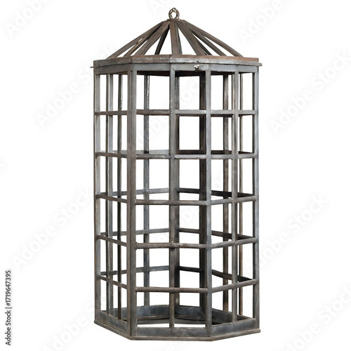 Octagonal steel cage prison cell bars isolated on a transparent background jail incarceration