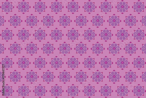 This fabric displays a repeating geometric floral motif in purple with pink accents, arranged on a soft pink background.