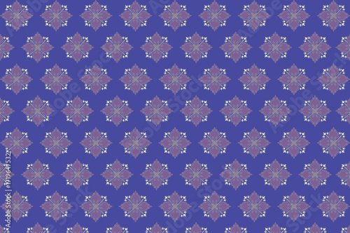 This fabric features a repeating star-shaped floral motif in purple with small white accents, set against a deep blue background.