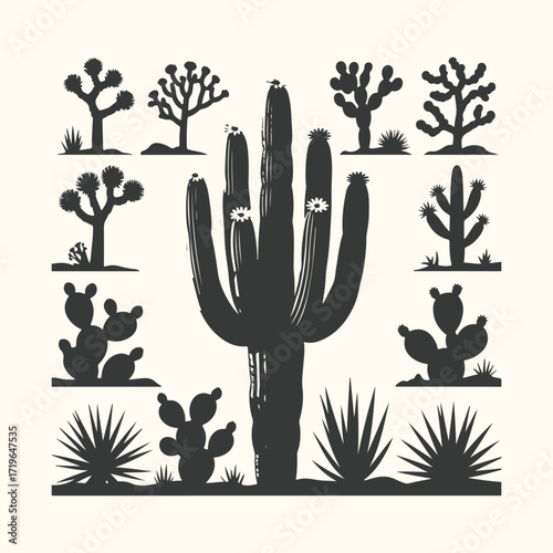 Vector art of collection of desert plant silhouettes including saguaro cactus, joshua tree, prickly pear, and agave