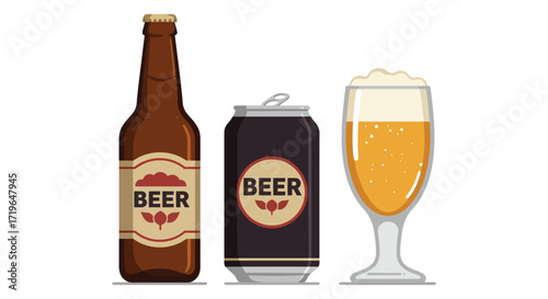 Brown beer bottle can and goblet full of golden lager beverage isolated on white background