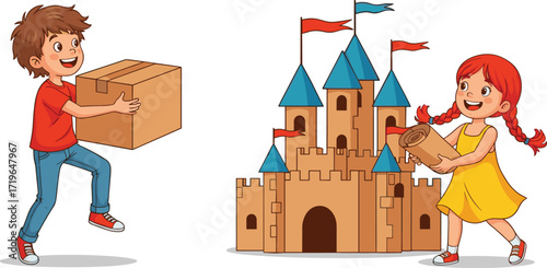 Kids carrying cardboard boxes, building castle playhouse, creative play activity, teamwork, children smiling, fun project, pretend play, happy childhood imagination